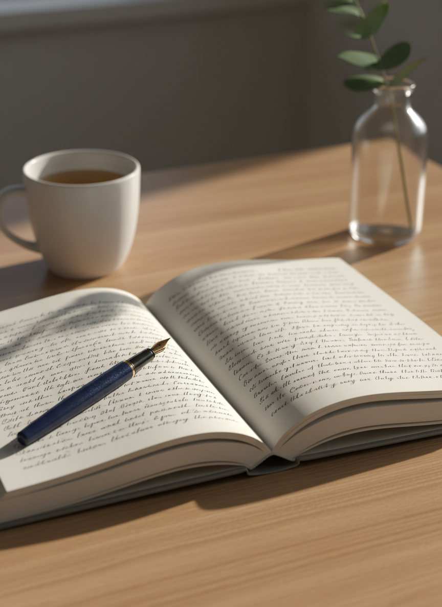 A linen-bound journal in muted dove gray lies open on a smooth oak desk, its creamy pages filled with neat, flowing handwritten lines that fade softly toward the spine. A fine-point fountain pen with a deep navy barrel rests diagonally across the margin, a tiny glint of ink at the nib. Soft morning sunlight filters through an unseen window, casting gentle, elongated shadows and a warm rectangular highlight along the journal’s edge. In the softly blurred background, a porcelain mug of herbal tea and a single eucalyptus stem in a clear glass bottle hint at quiet ritual. Photographic realism, eye-level composition with shallow depth of field, creating a serene, sophisticated mood of introspection and new beginnings.