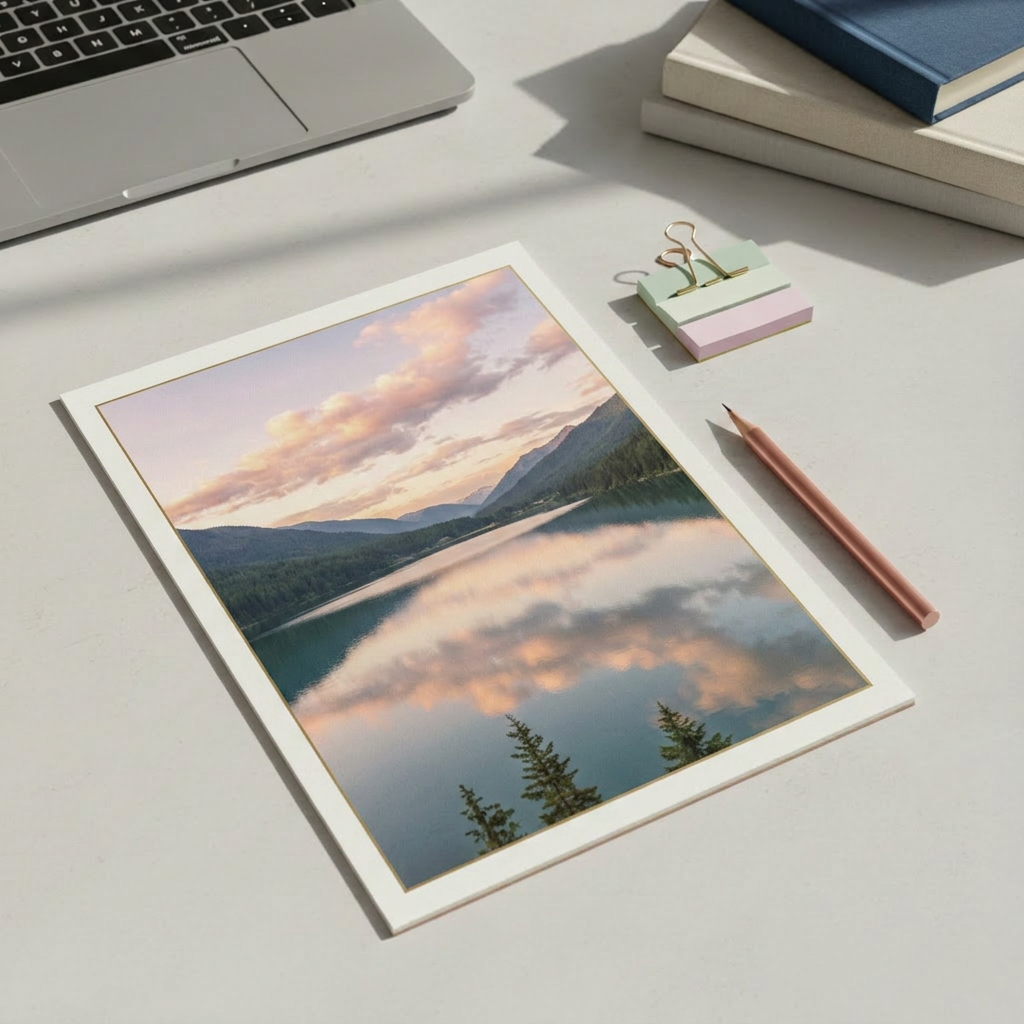 A clean, unmarked calendar page rests on a pale stone countertop, its grid of days empty except for a single square outlined with a thin gold ink border. Beside it lies a slim rose-gold mechanical pencil and a small stack of pastel sticky notes secured by a brass paperclip. Soft, indirect daylight comes from above and slightly behind, creating subtle shadows along the calendar’s edges and a gentle sheen on the metallic accents. In the softened background, a closed laptop and a neatly stacked pair of books in muted tones suggest planning and reflection. Photographic realism, overhead shot with crisp focus and generous negative space, conveying a sophisticated, calm atmosphere of intentionality, fresh starts, and quietly becoming who one is meant to be.