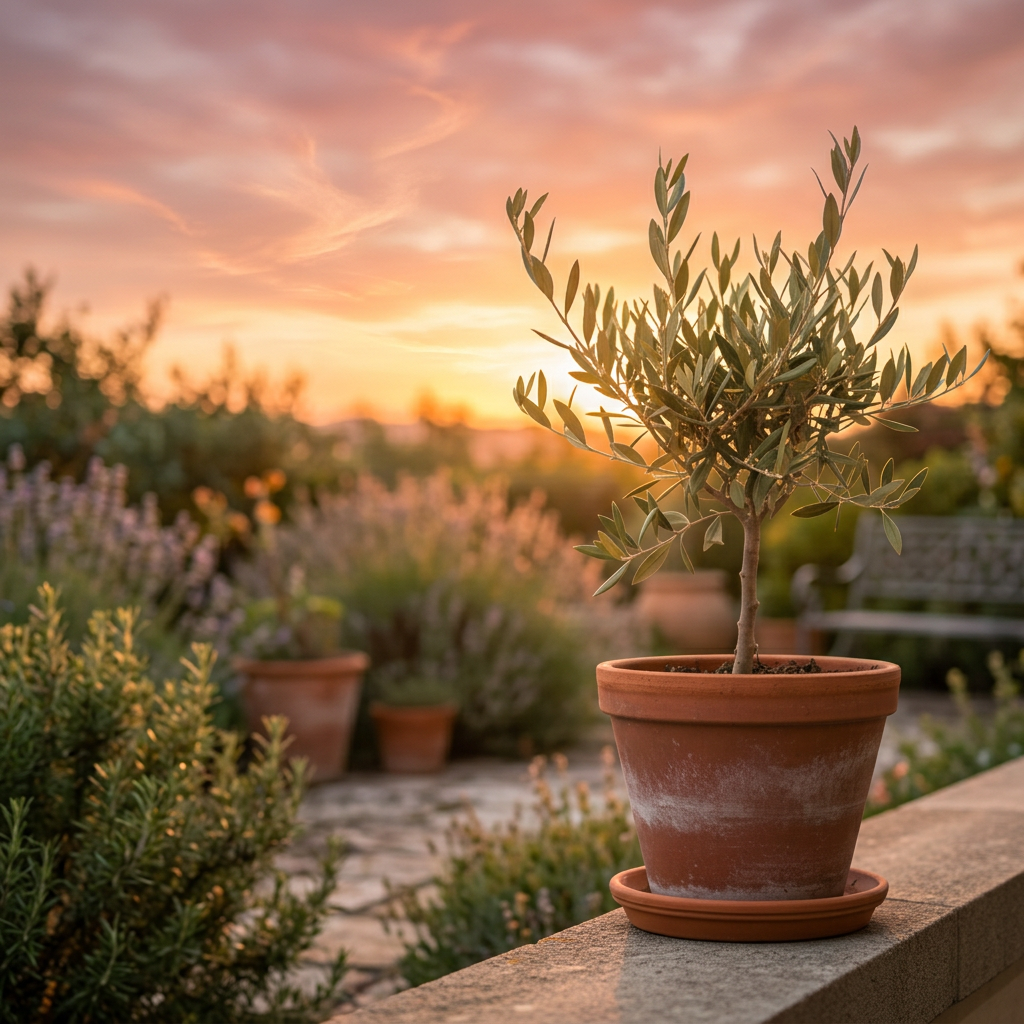 A small potted olive tree with slender, silvery-green leaves stands on a narrow balcony ledge, its terracotta pot lightly weathered with pale mineral traces. Beyond it, an urban skyline melts into an abstract blur of soft blues and warm grays, suggesting distance without distraction. Early evening overcast light wraps the scene in gentle, diffused brightness, giving each leaf a delicate, matte texture and casting only the faintest shadow beneath the pot. Photographed from a slightly low angle with the tree placed in the lower right third, the composition emphasizes upward growth and quiet perseverance. Photographic realism with a minimalist, sophisticated aesthetic, evoking a mood of hopeful transition, healing, and new beginnings blooming in the midst of ordinary life.